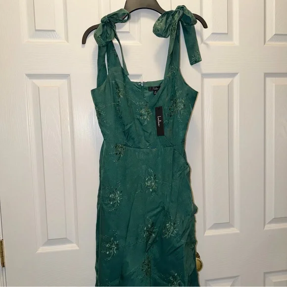 NWT ($79.00) Lulus Elegant Green Embroidered Ruffled Tie-Strap Midi Dress - Picture 5 of 8